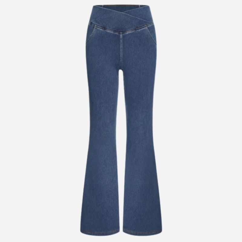 Bell bottom jeans women high waisted flare leggings sweatpants in blue, flat lay front view