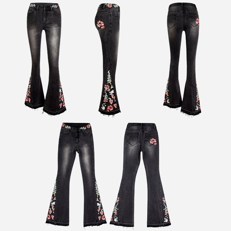 Floral embroidery flare jeans for women bell bottom denim in black, front and back views