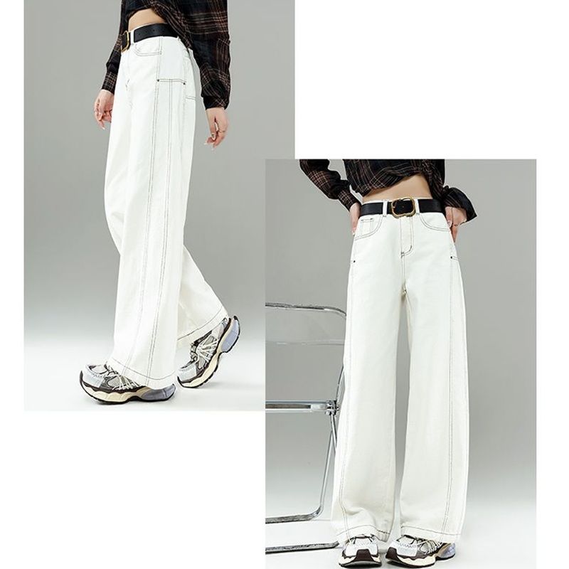 High Waist Curved Hem Straight Wide Leg Jeans Women Y2K Baggy Denim Trousers white color