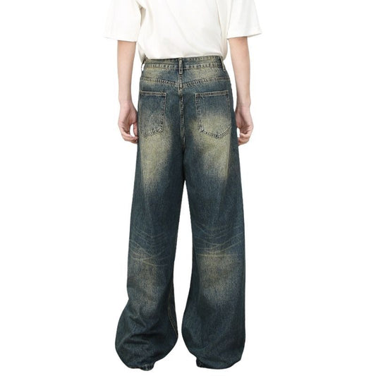 Hip hop baggy jeans for men ripped wide leg loose fit denim pants streetwear in blue, back view