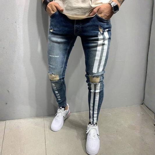 Men's distressed skinny jeans with side stripes stretch street denim in blue