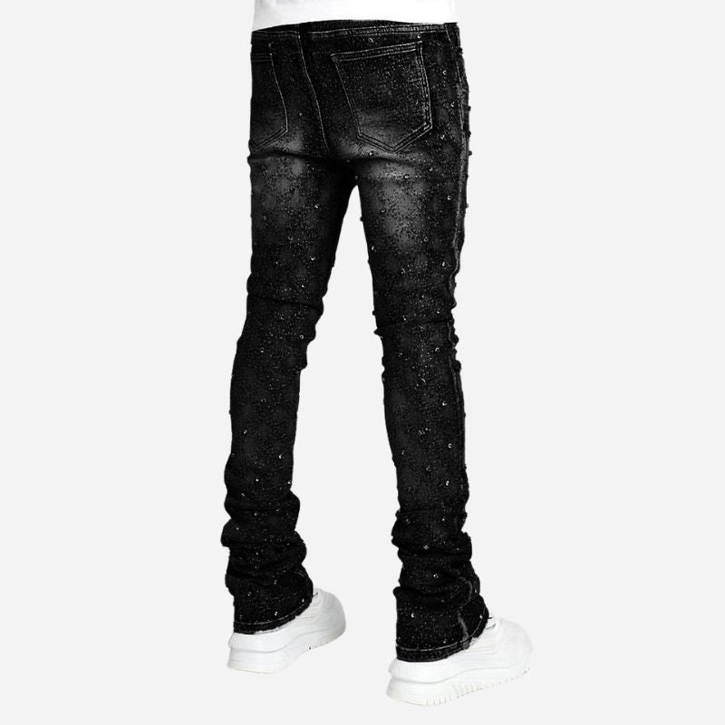 Men's Pearl Studded Stacked Jeans in Black, Back View