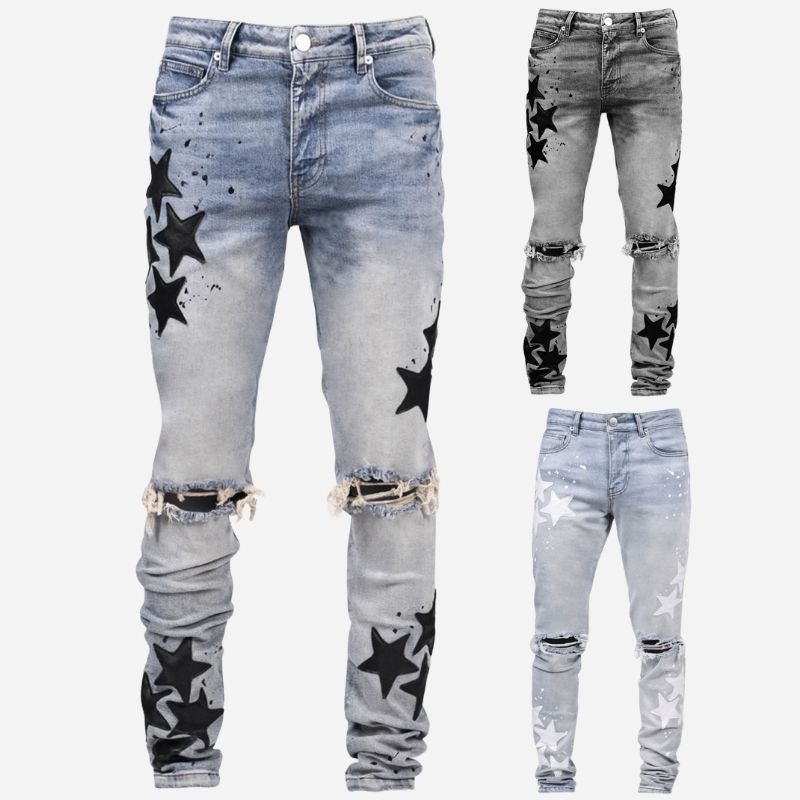 Men's star patch distressed ripped skinny jeans