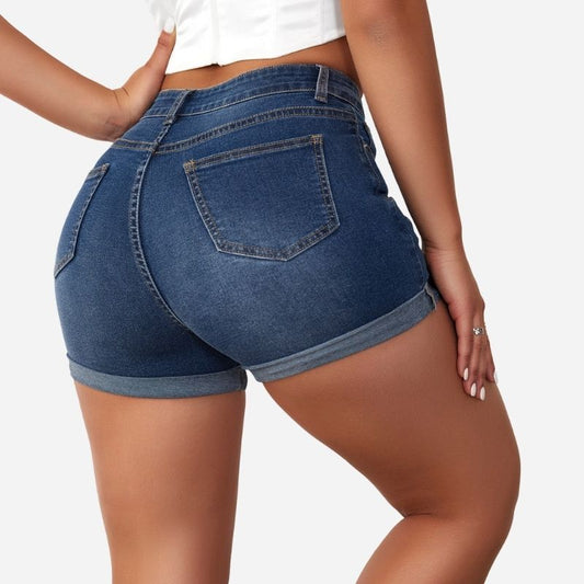 Women ripped denim shorts, back view