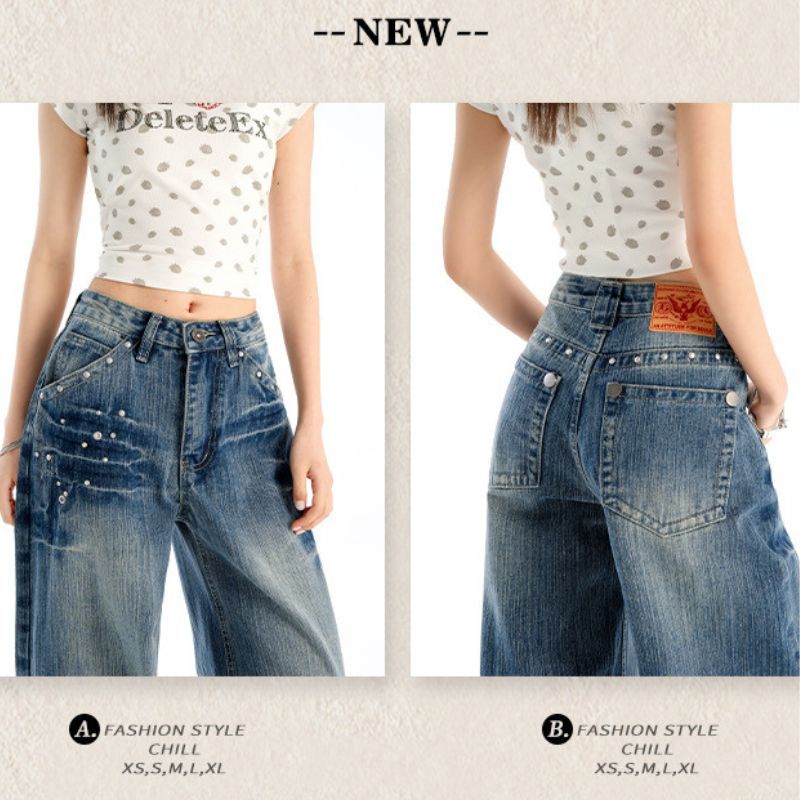 Studded Jeans Women High Waisted Straight Wide Leg Baggy Denim Trousers details