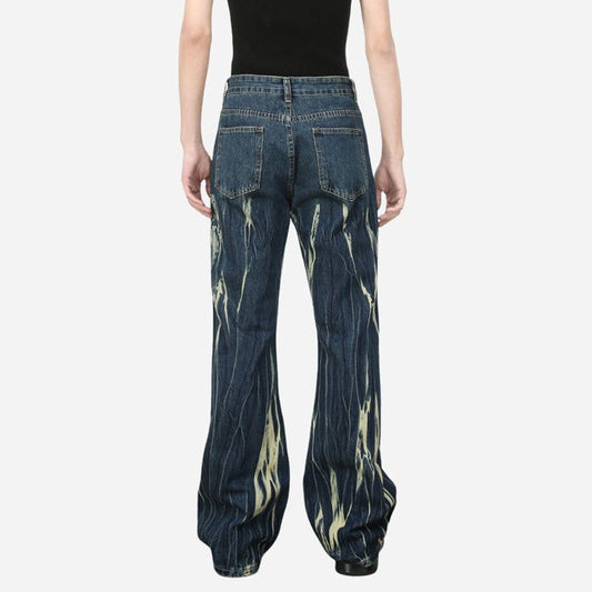 Tie dye hip hop wide leg jeans streetwear y2k men's baggy flared denim pants in blue, back view