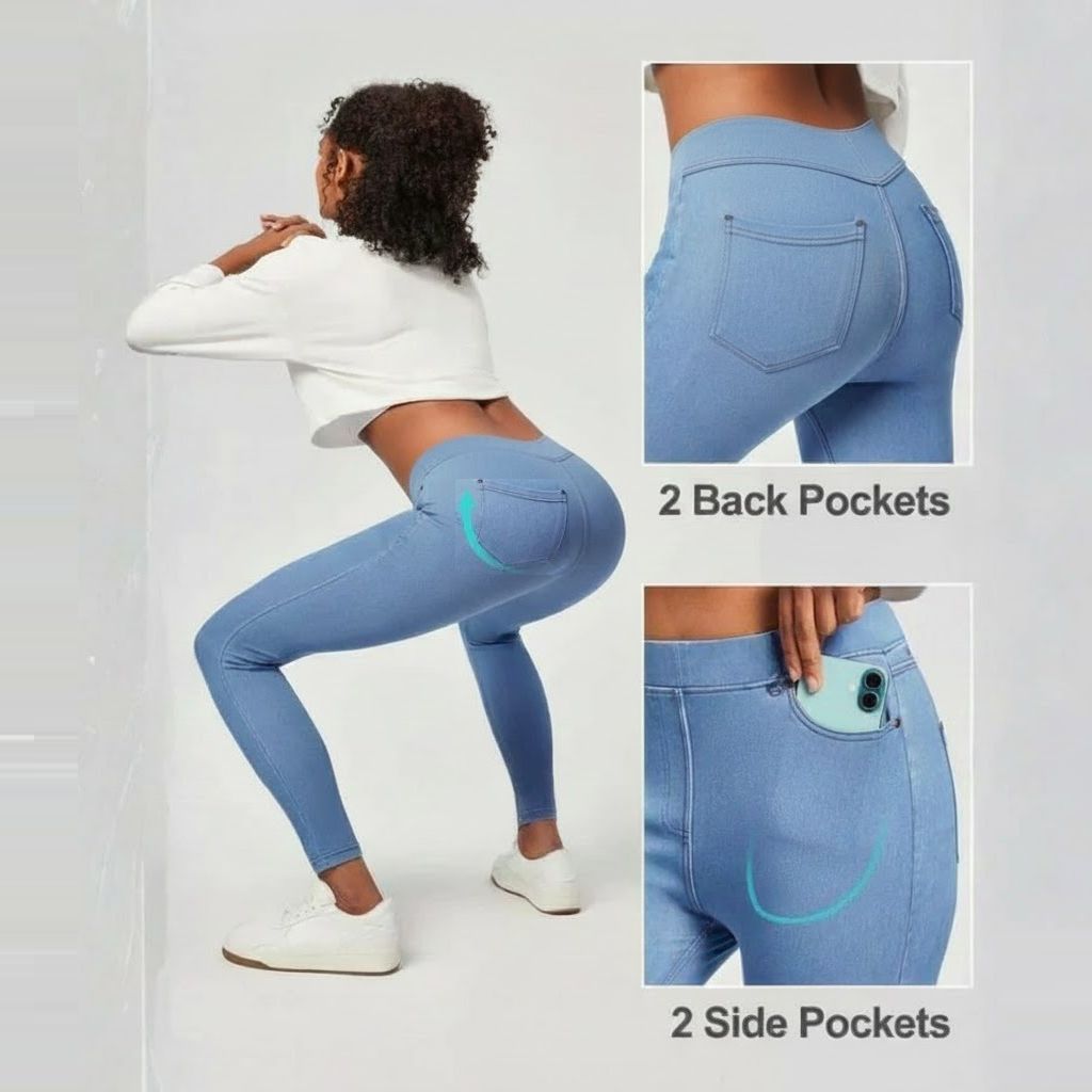 Tummy control stretchy jeans women pull on denim leggings sweatpants in blue, pockets details view