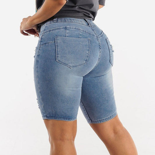 Women plus size denim shorts high waisted ripped distressed jean shorts, back view
