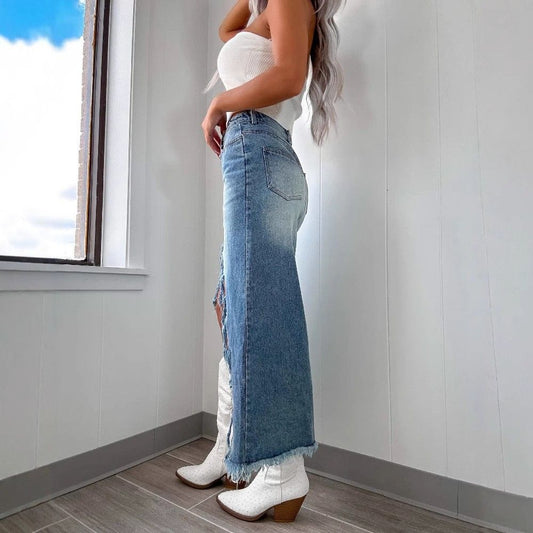 Women’s High Waisted Slit Denim Midi Skirt Frayed A-Line Jean Skirt with back view