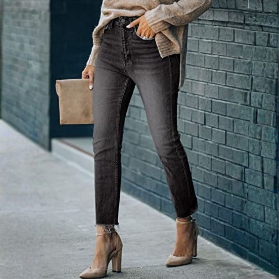 Women's Skinny Jeans Stretch Trendy Pants Straight Leg Raw Hem Denim