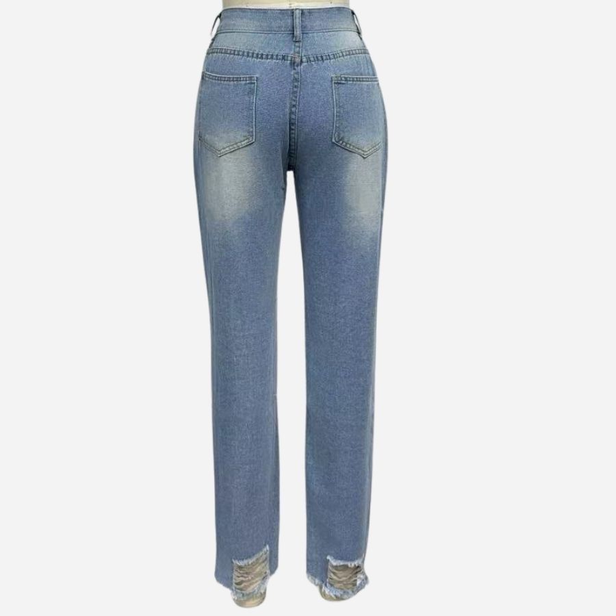 Women's skinny jeans stretchy ripped denim pants in blue, back view