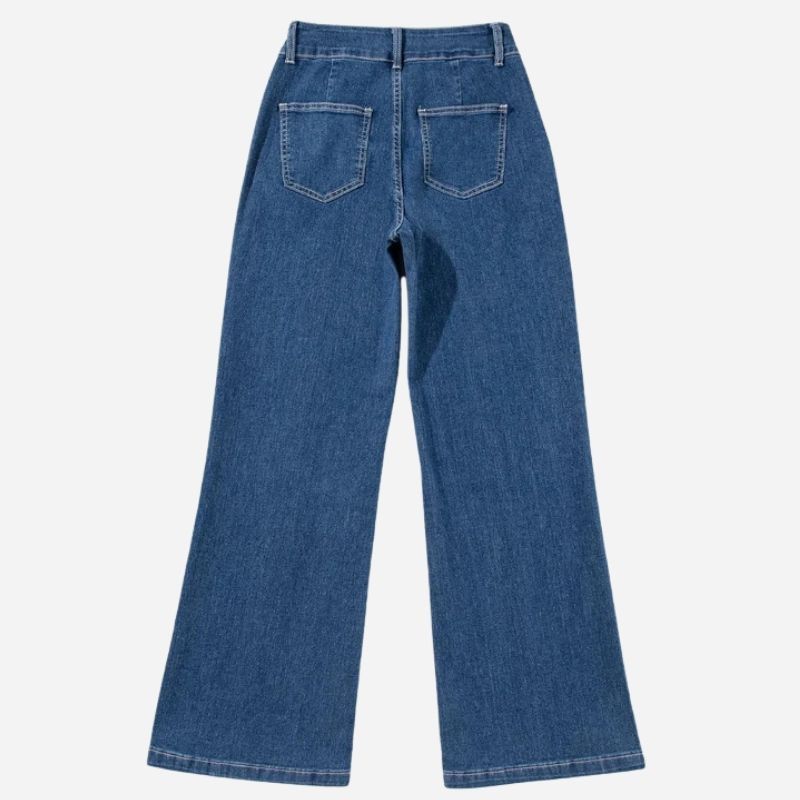 Women's wide leg flare jeans high waisted stretch baggy denim pants, flat lay back