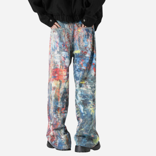Y2K Men's Graffiti 3D Print Paint Splash Jeans, back view