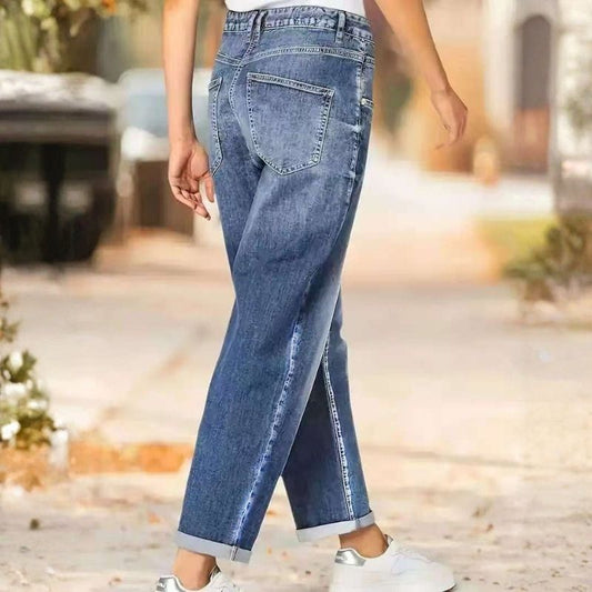 Straight baggy jeans for women relax fit high waisted wide leg denim, back view