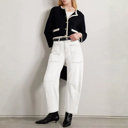 Barrel jeans for women high waisted wide leg baggy denim in white, front view