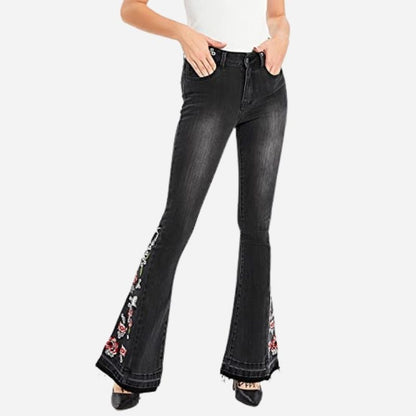 Boho floral embroidery flare jeans for women bell bottom denim pants