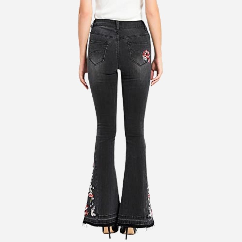Boho floral embroidery flare jeans for women bell bottom denim pants, back view