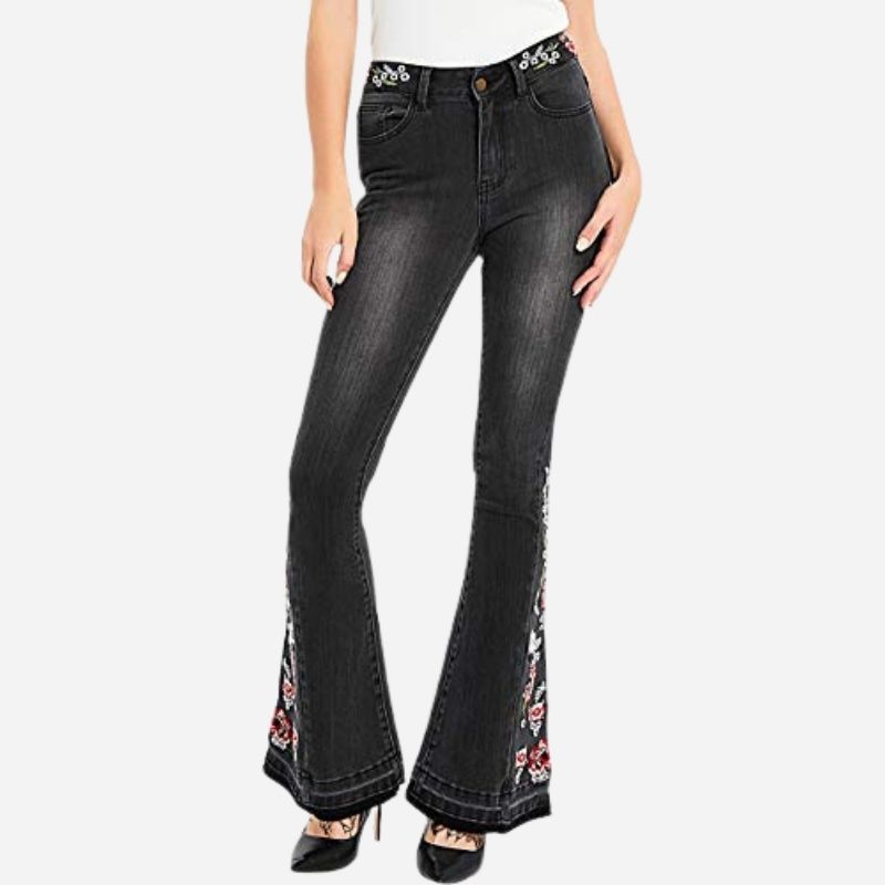 Floral embroidery flare jeans for women bell bottom denim pants in black