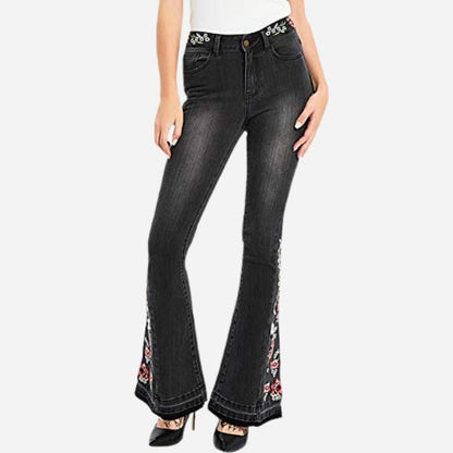 Floral embroidery flare jeans for women bell bottom denim pants in black