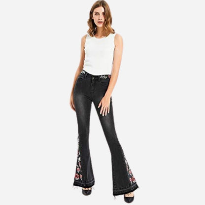Boho floral embroidery flare jeans for women bell bottom denim pants, front view