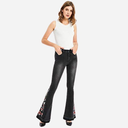 Floral embroidery flare jeans for women bell bottom denim pants in black, front view