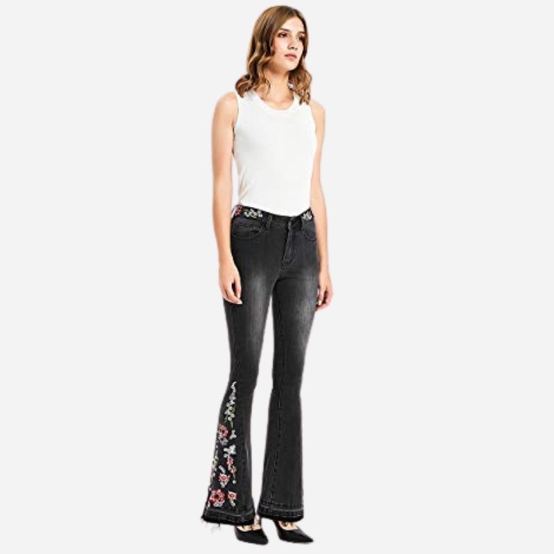 Boho floral embroidery flare jeans for women bell bottom denim pants in black, side view
