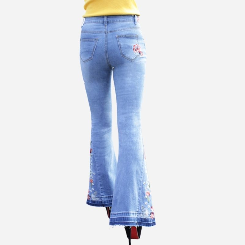 Floral embroidery flare jeans for women bell bottom denim in blue, back view
