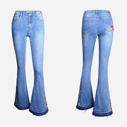 Floral embroidery flare jeans for women bell bottom denim in blue, front and back views