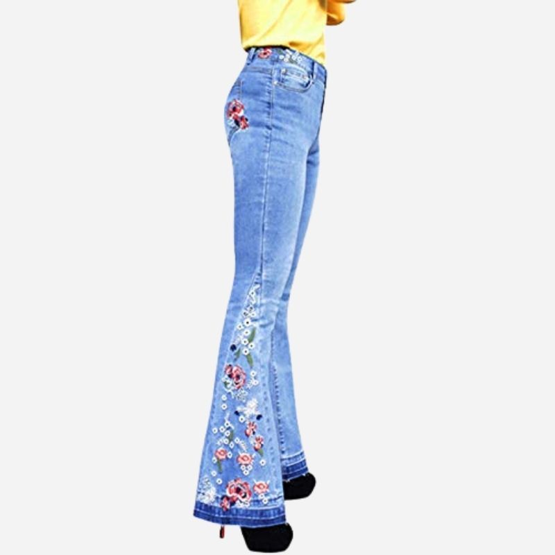 Floral embroidery flare jeans for women bell bottom denim in blue