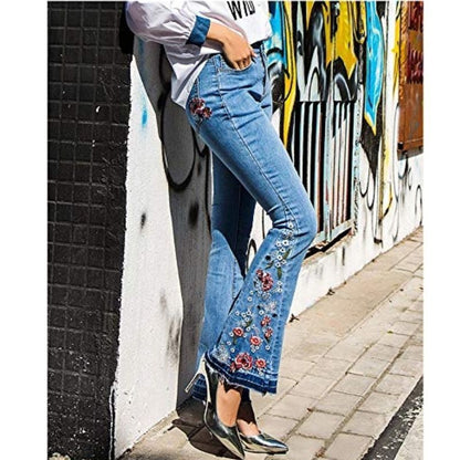 Floral embroidery flare jeans for women bell bottom denim pants in blue