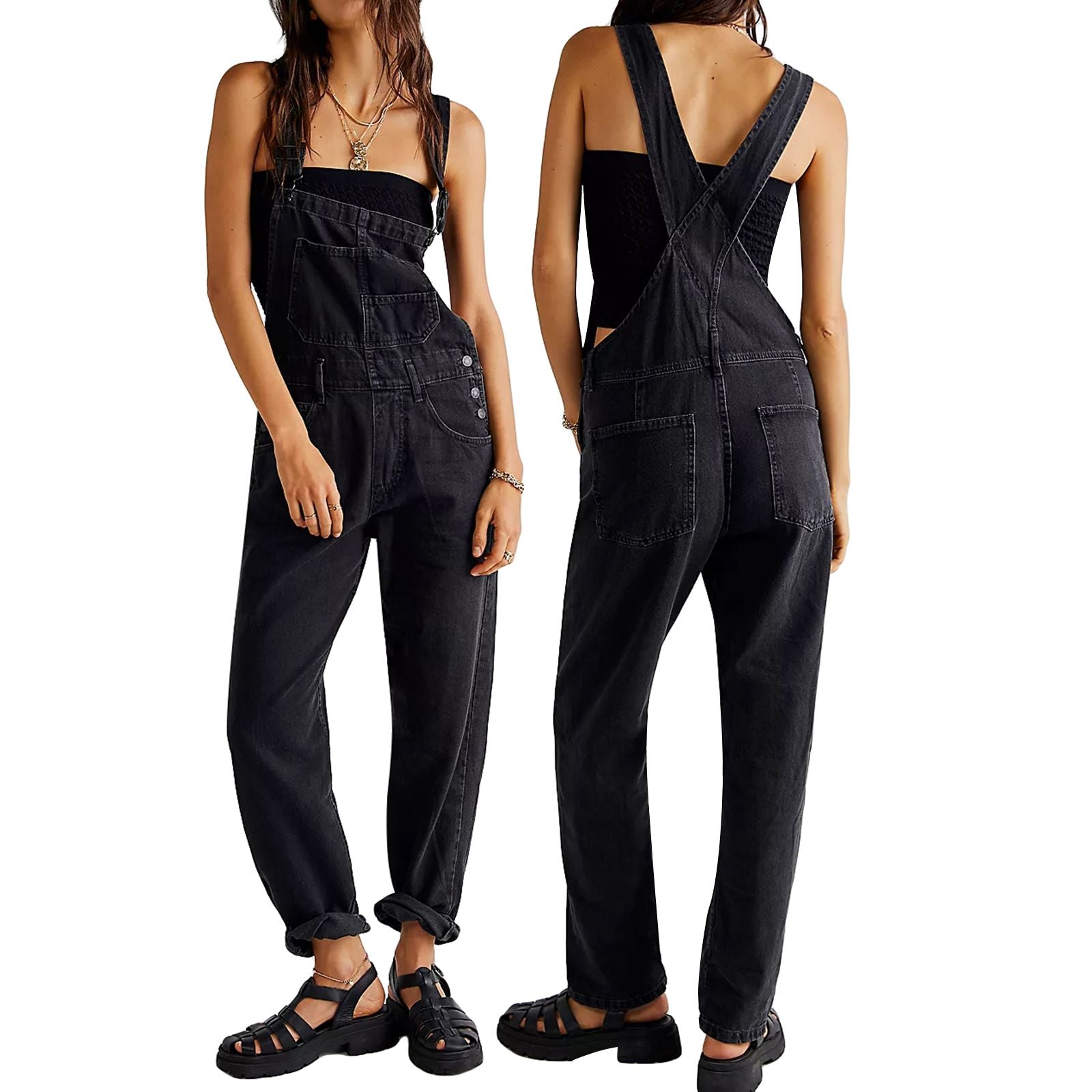 Denim overalls jumpsuit rompers women baggy bib jeans in black, front and back views