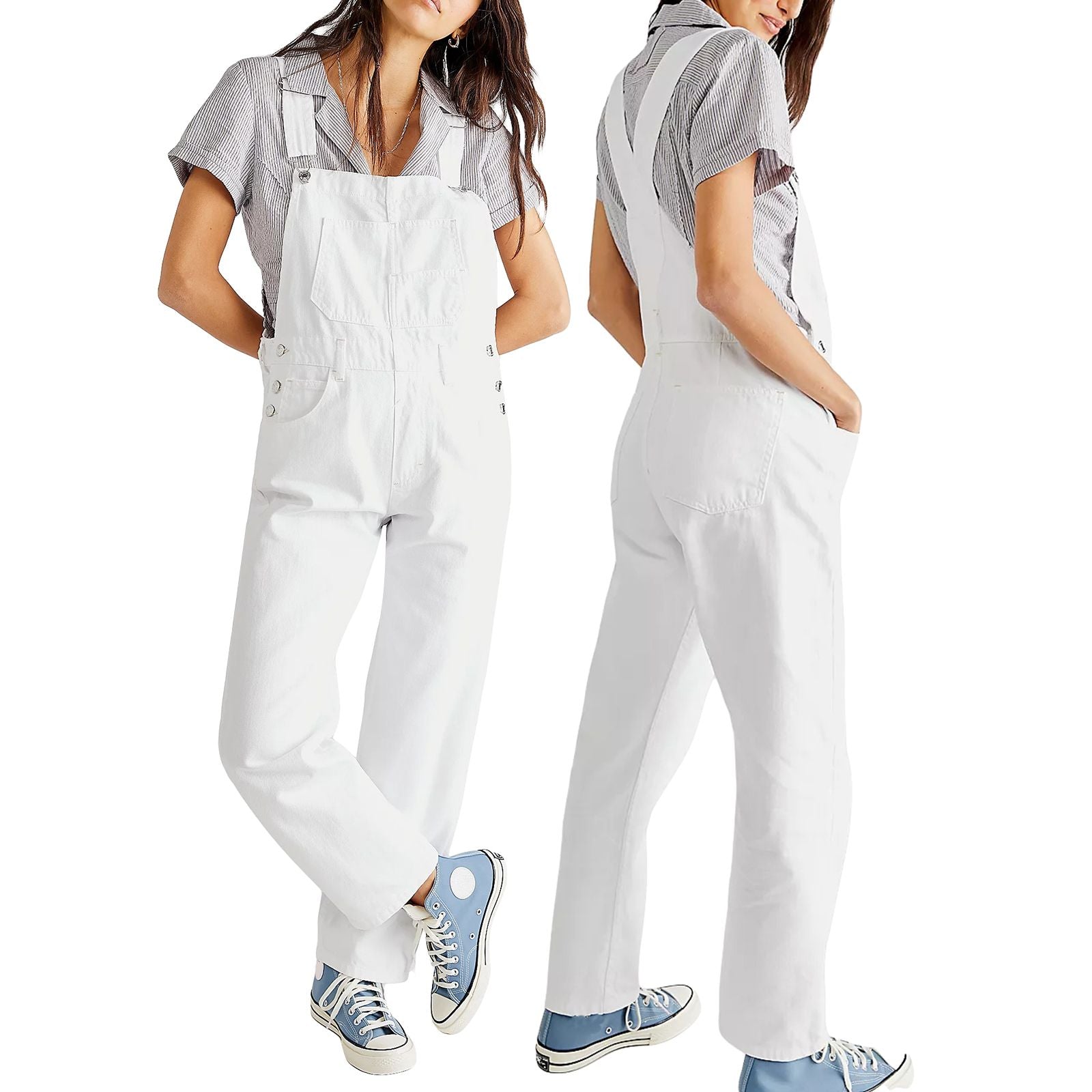Denim overalls jumpsuit rompers women baggy bib jeans in white, front and back views