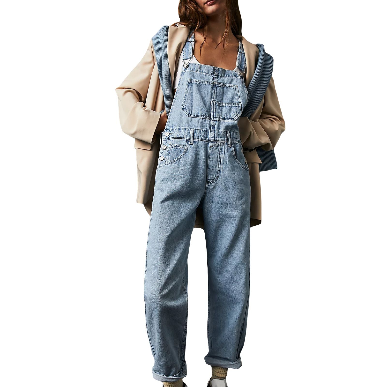 Denim overalls jumpsuit rompers women baggy bib jeans in blue, front view