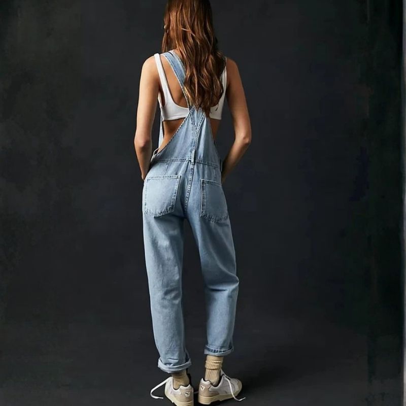 Denim overalls jumpsuit rompers women baggy bib jeans in blue, back view