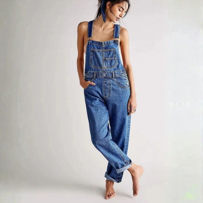 Denim overalls jumpsuit rompers women baggy bib jeans in navy, front view