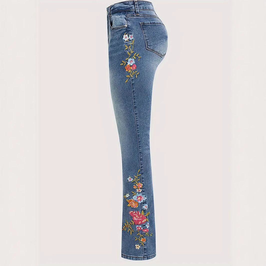 Women's Floral Embroidery Low Waist High Stretch Bootcut Jeans
