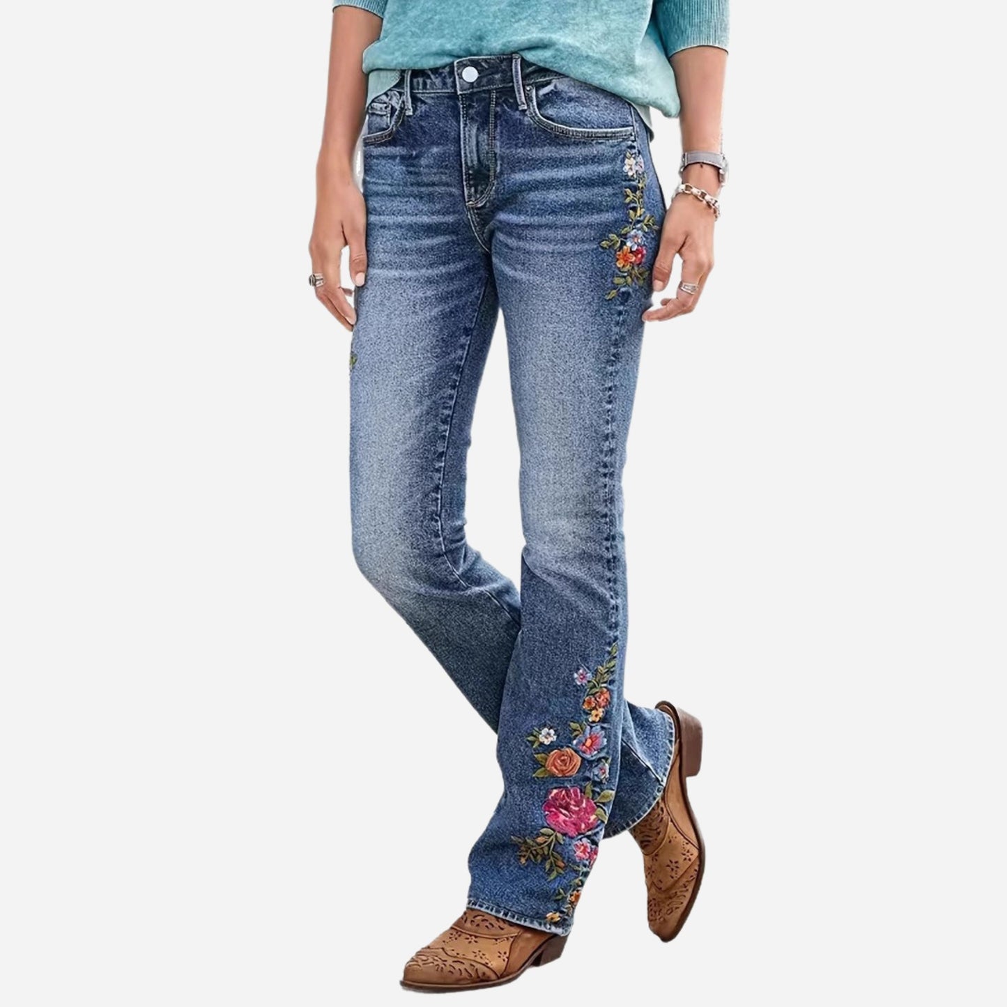 Women's Floral Embroidery Low Waist High Stretch Bootcut Jeans with Pockets