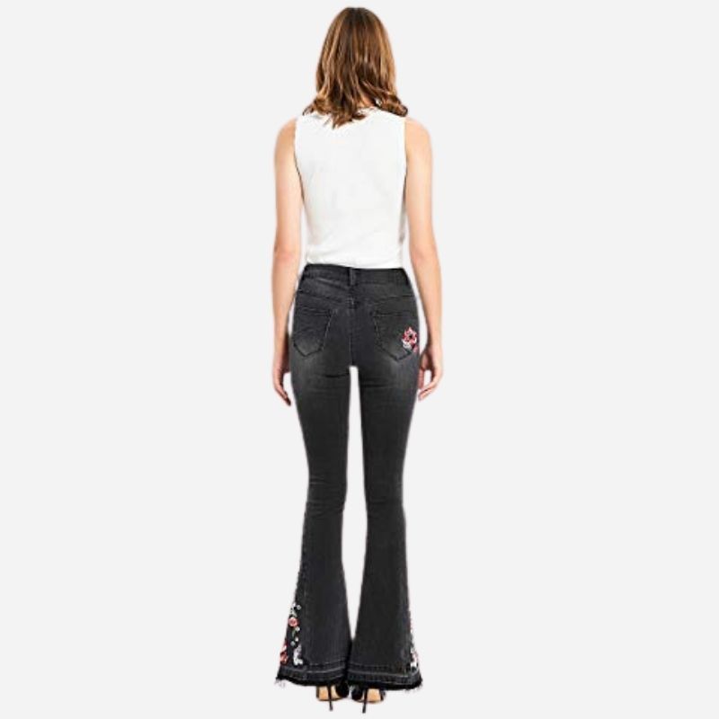 Boho floral embroidery flare jeans for women bell bottom denim pants in black, back view