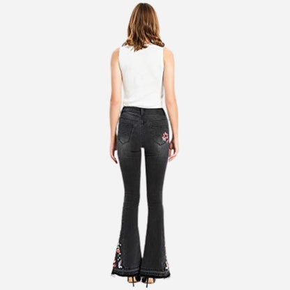 Boho floral embroidery flare jeans for women bell bottom denim pants in black, back view