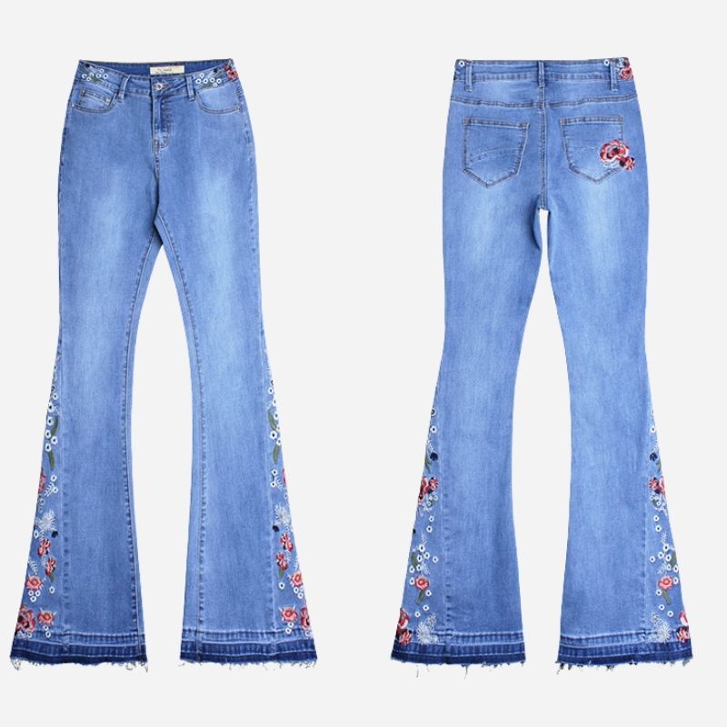 Floral embroidery flare jeans for women bell bottom denim pants in blue, front and back views