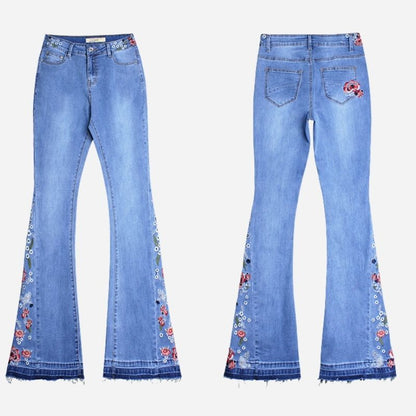 Floral embroidery flare jeans for women bell bottom denim pants in blue, front and back views
