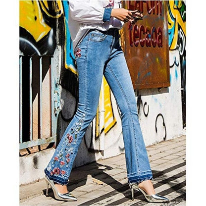 Floral embroidery flare jeans for women bell bottom denim pants in blue, side view