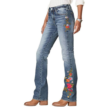 Women's Floral Embroidery Low Waist High Stretch Bootcut Jeans