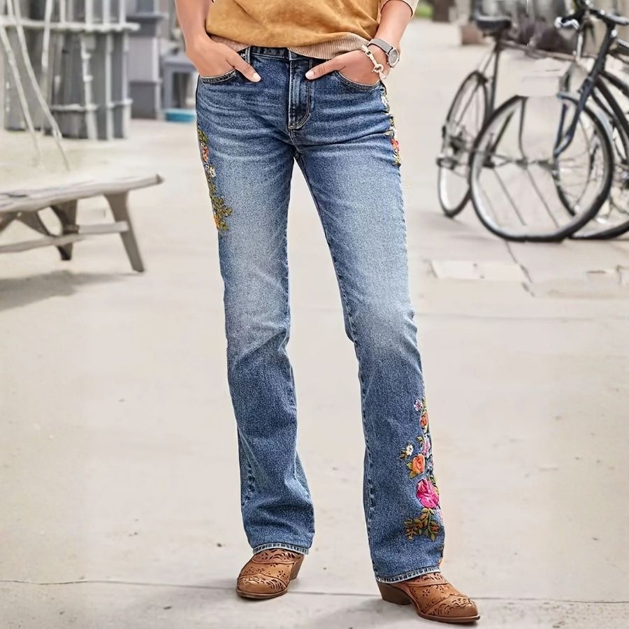 Floral embroidered skinny jeans 70's retro women's low rise slim fit stretch denim, front view