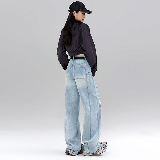 High Waist Curved Hem Straight Wide Leg Jeans Women Y2K Baggy Denim Trousers blue color with back view