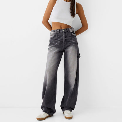 High waisted baggy wide leg jeans for women with cargo pockets denim in black, front view