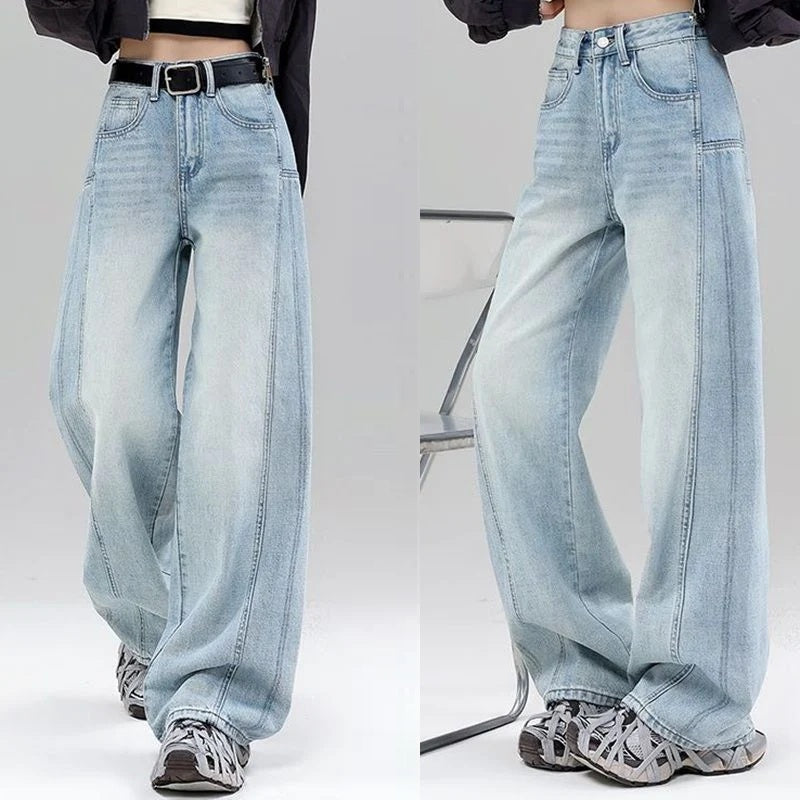 High waist curved hem straight wide leg jeans women y2k baggy denim trousers, side view