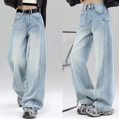 High waist curved hem straight wide leg jeans women y2k baggy denim trousers, side view