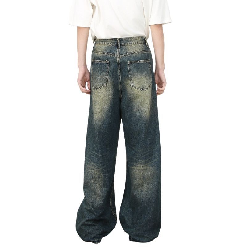 Hip hop baggy jeans for men ripped wide leg loose fit denim pants streetwear in blue, back view