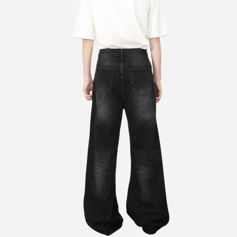 Hip hop baggy jeans for men ripped wide leg loose fit denim pants streetwear in black, back view